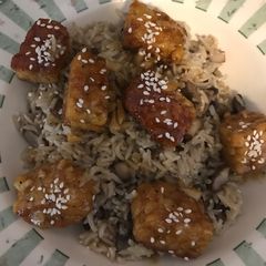 A picture of Vegan Orange Sesame Tempeh with Mushroom Brown Basmati Rice.
