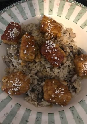 A picture of Vegan Orange Sesame Tempeh with Mushroom Brown Basmati Rice.