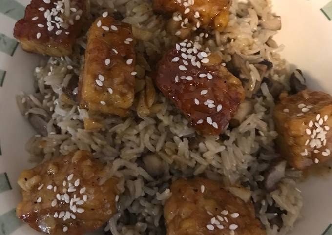 Vegan Orange Sesame Tempeh with Mushroom Brown Basmati Rice