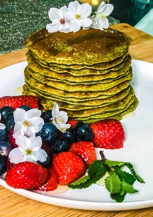 A picture of Gluten Free low-fat Matcha Pancakes.