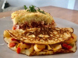 Pastel de carne con puré de patatas y crepe de patata vegetal