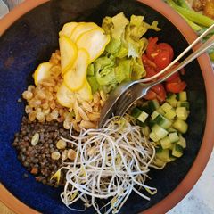 A picture of Confeed chicken and Puy Lentil Salad.