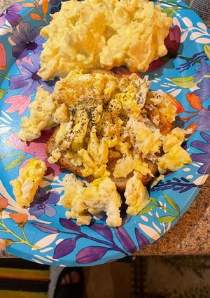 A picture of Open faced egg sandwiches.