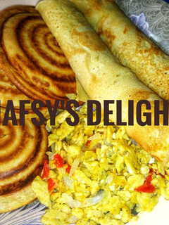 A picture of Pancake with scrambled egg.