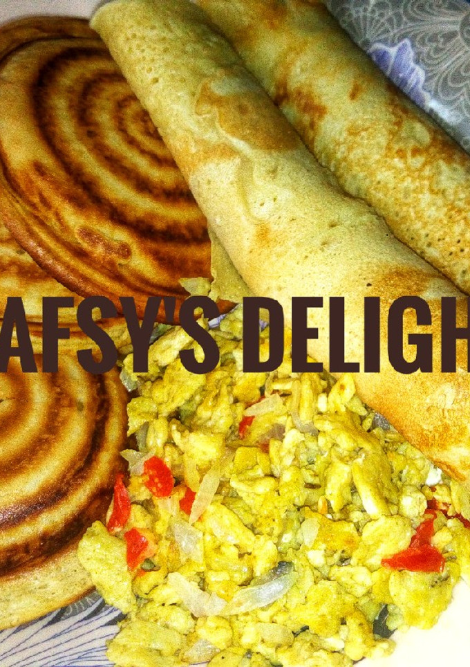 A picture of Pancake with scrambled egg.