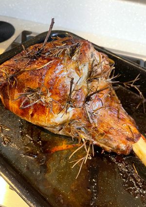 A picture of Roast Lamb Leg With Rosemary & Garlic.