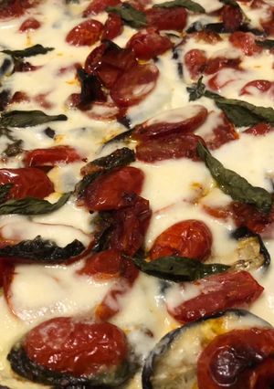 A picture of Eggplant Margherita Pizza.
