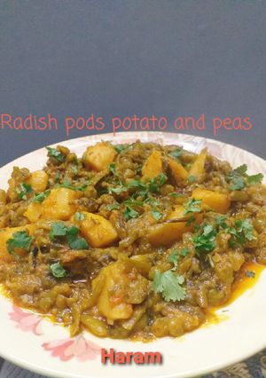 A picture of Radish pods potato and peas.