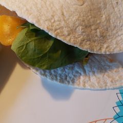 A picture of Cheese burger on a low carb tortilla.