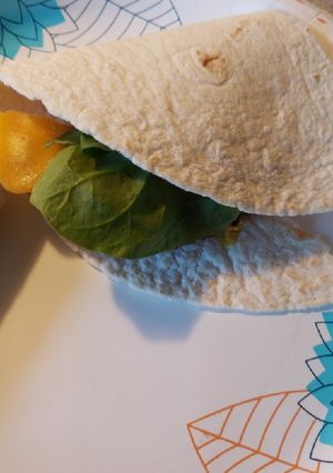 A picture of Cheese burger on a low carb tortilla.