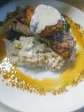 Grilled Salmon Parm Rice Swiss Chard w/Crab Cake and Dill Butter