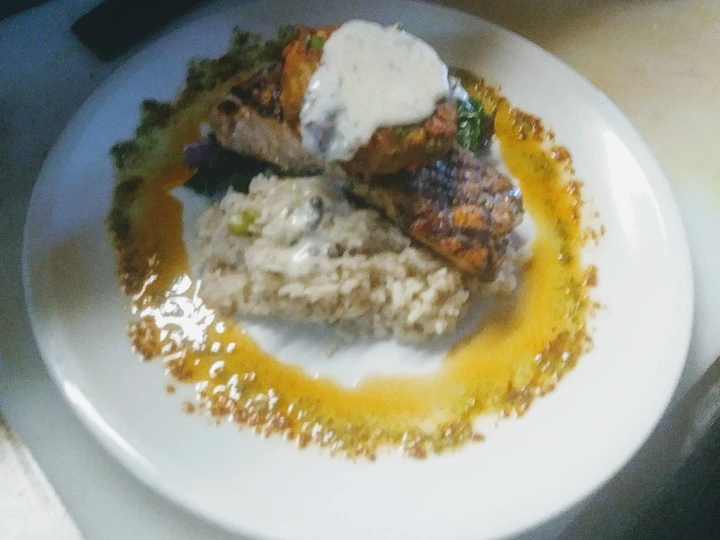 Recipe Grilled Salmon Parm Rice Swiss Chard w/Crab Cake and Dill Butter the So Delicious Really delicious