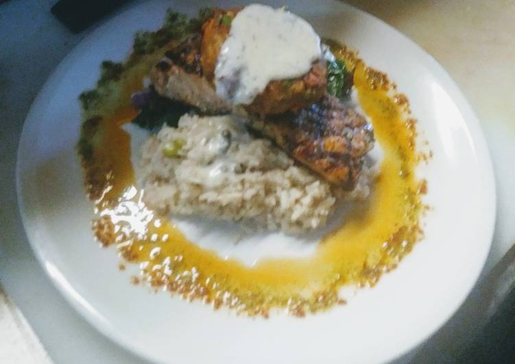 Grilled Salmon Parm Rice Swiss Chard w/Crab Cake and Dill Butter