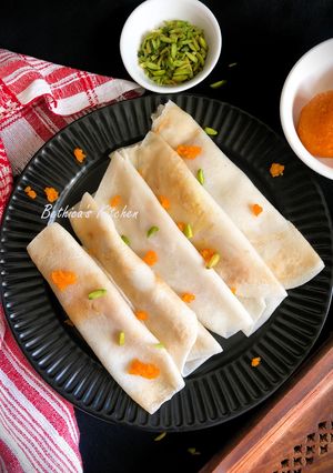 A picture of Patishapta Pithe with Motichoor Laddu Stuffing - Bengali Fusion style dessert.
