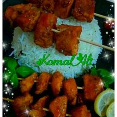 Chicken Stick kabab with simple Tarka white Rice A picture of Chicken Stick kabab with simple Tarka white Rice.