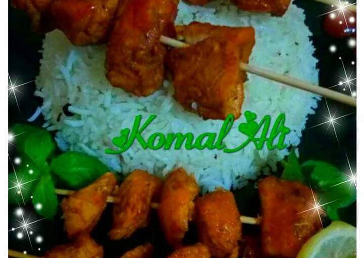 Steps to Prepare Homemade Chicken Stick kabab with simple Tarka white Rice