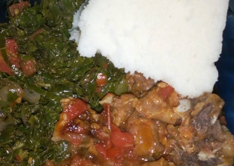 Ugali, beef stew and kales+ spinach