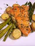 Sheet pan Honey lemon garlic salmon with asparagus and potato