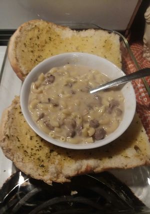 A picture of Mushroom and onion cheese steak pasta.