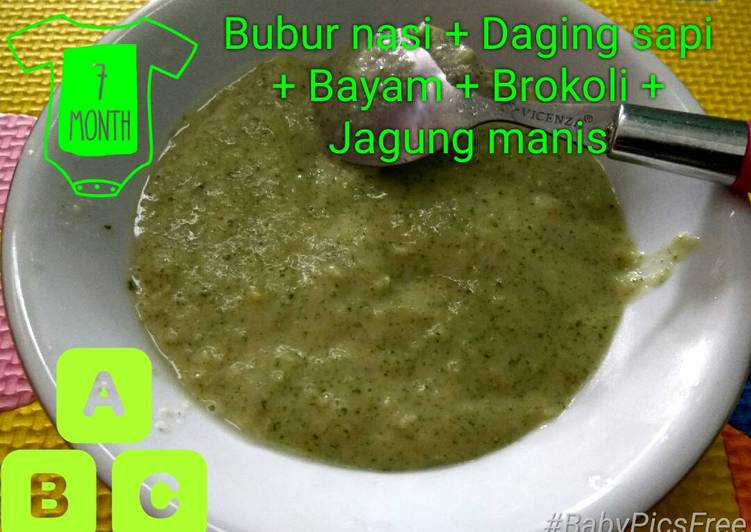 MPASI 7m Bubur nasi + Daging sapi + Bayam + Brokoli + Jagung