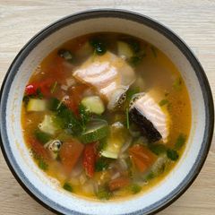 A picture of Salmon Soup with Fresh Vegetables 🐟 🌱.