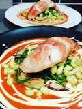 Monkfish wraped in parma ham with tomato and hummous sauce