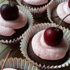 A picture of Vickys Chocolate Cherry Cupcakes, GF DF EF SF NF.