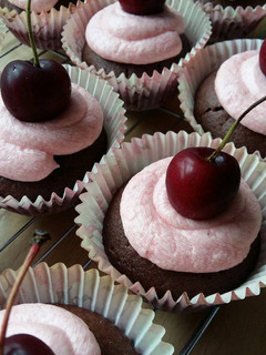 A picture of Vickys Chocolate Cherry Cupcakes, GF DF EF SF NF.