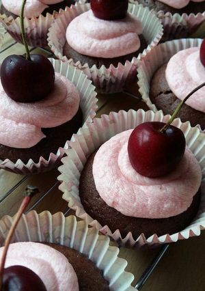 A picture of Vickys Chocolate Cherry Cupcakes, GF DF EF SF NF.
