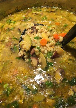 A picture of Mushroom barley soul soup.