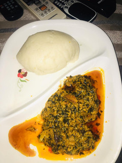 A picture of Tuwo semo and egusi soup.