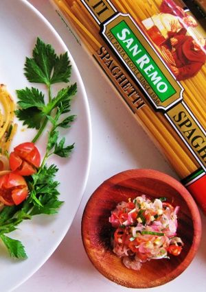 Foto resep Spaghetti Chicken Popcorn Sambal Matah