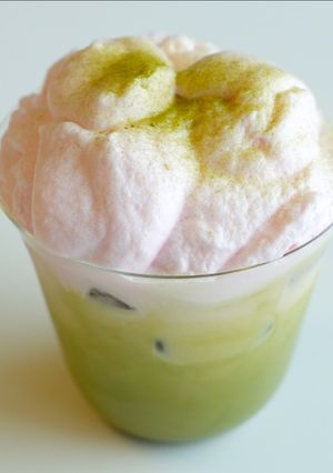 A picture of Strawberry Cream Matcha Latte 🍓☁️🍃 | Cozy Cafe Drink Recipe.