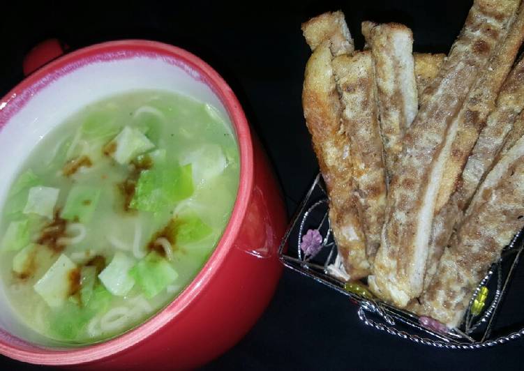 Cabbage noodles soup with potato masala sticks