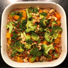 A picture of One dish sticky rice, broccoli, squash and sweet potato with chilli and ginger dressing.
