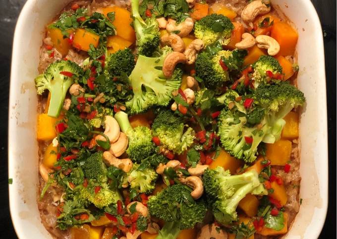One dish sticky rice, broccoli, squash and sweet potato with chilli and ginger dressing