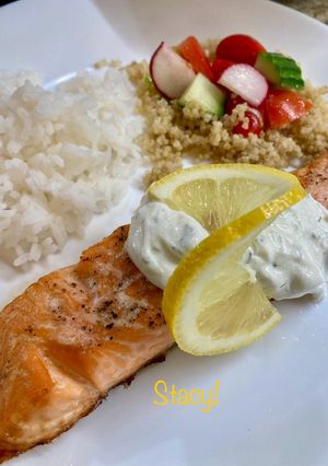 A picture of Easy Baked Salmon with Lemon Dill Sauce.
