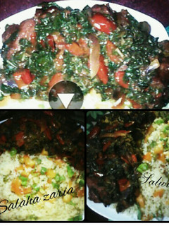 A picture of Vegetables couscous with stir fried spinach.
