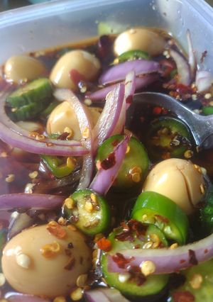 A picture of Marinated quail eggs.