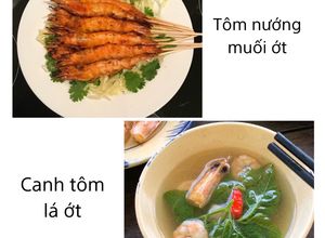 Hình của món Cơm nhà 7 - tôm nướng muối ớt, canh tôm lá ớt.