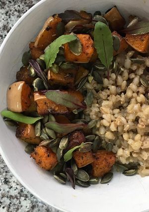 A picture of Roast Butternut with Barley Risotto.