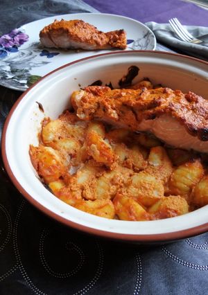 A picture of Red pesto & salmon gnocchi.