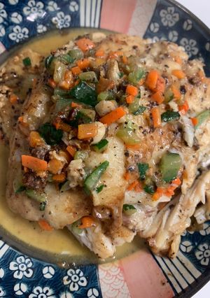 奶油松露燉鱸魚時蔬 的食譜成品照片