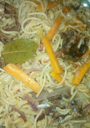 A picture of Spag & maca jollof.