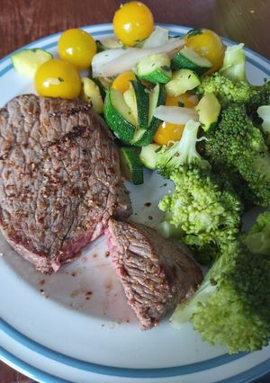 A picture of Beef steak with roasted vegetable.