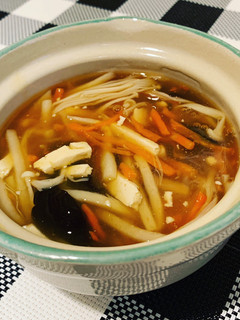 A picture of Mixed Mushrooms Hot and Sour Soup.