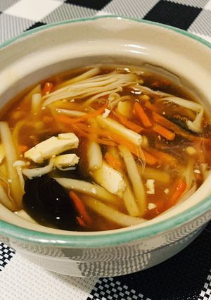 A picture of Mixed Mushrooms Hot and Sour Soup.