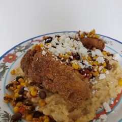 A picture of Brad's Latin inspired fried cod and polenta.