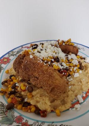 A picture of Brad's Latin inspired fried cod and polenta.