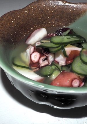 A picture of Tosazu, Jelly Dressing, and Marinated Octopus and Cucumber (Tosazu and Sunomono).